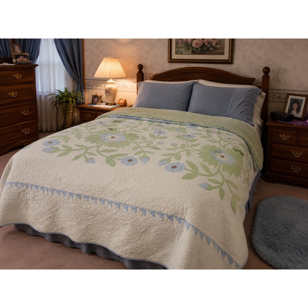 Martha Stewart Collection King Quilt Floral Applique Blue Green Cotton Farmhouse
